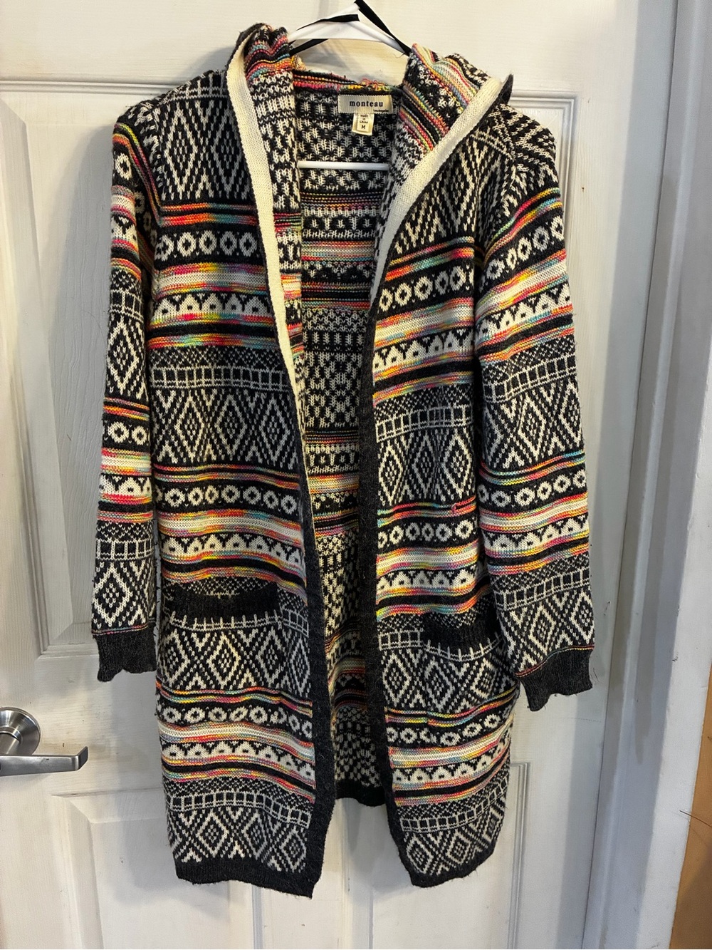Monteau Black & Multicolor Hooded Knit Cardigan Sweater, Size: M